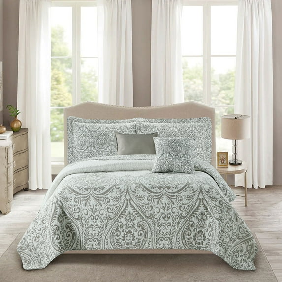 Home Soft Things 5 Piece Printed Microfiber Quilt Set - Visionary Grey - Queen (90" x 90")