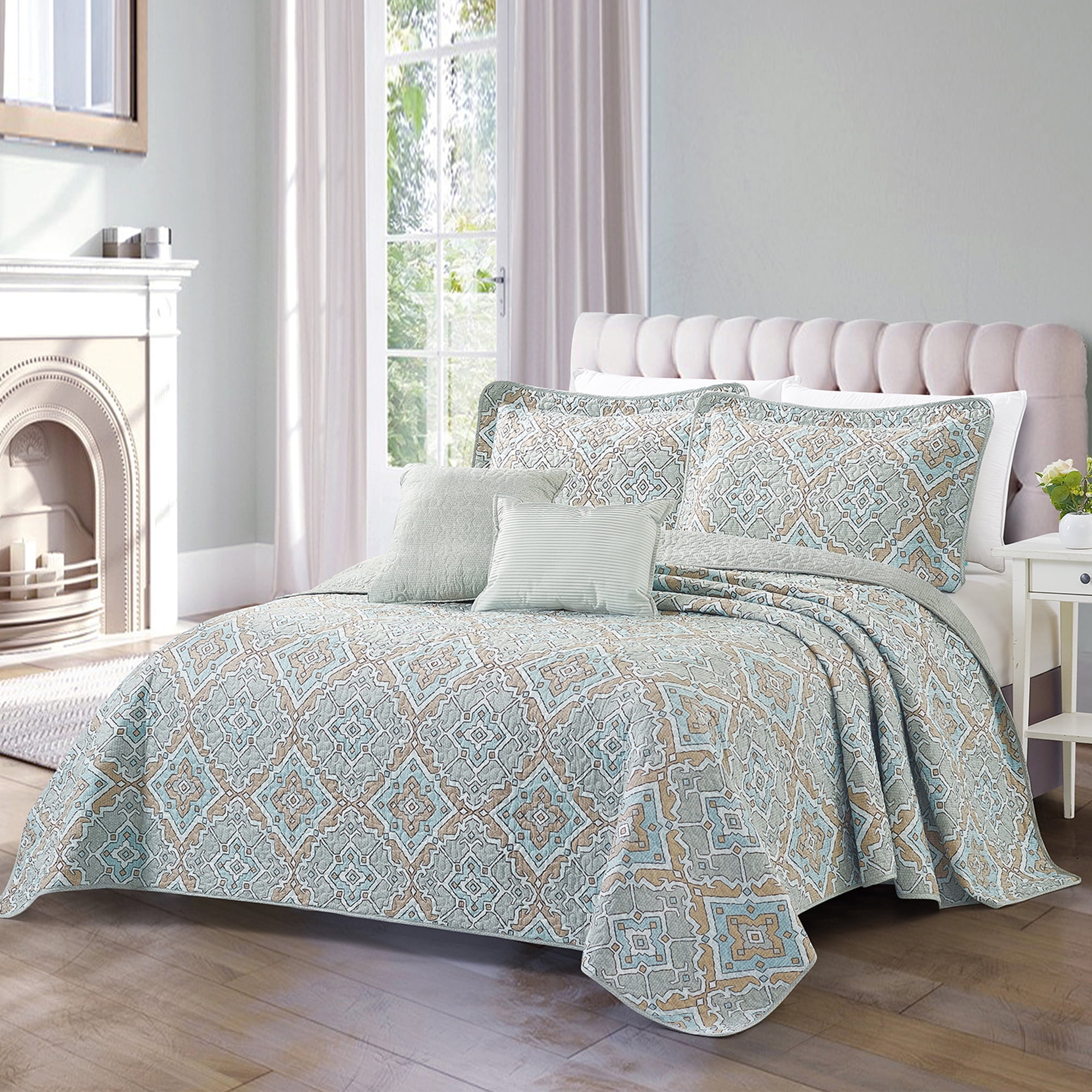 Home Soft Things 5 Piece Printed Microfiber Quilts Bedspread Set - Diego - Queen (90" x 90")
