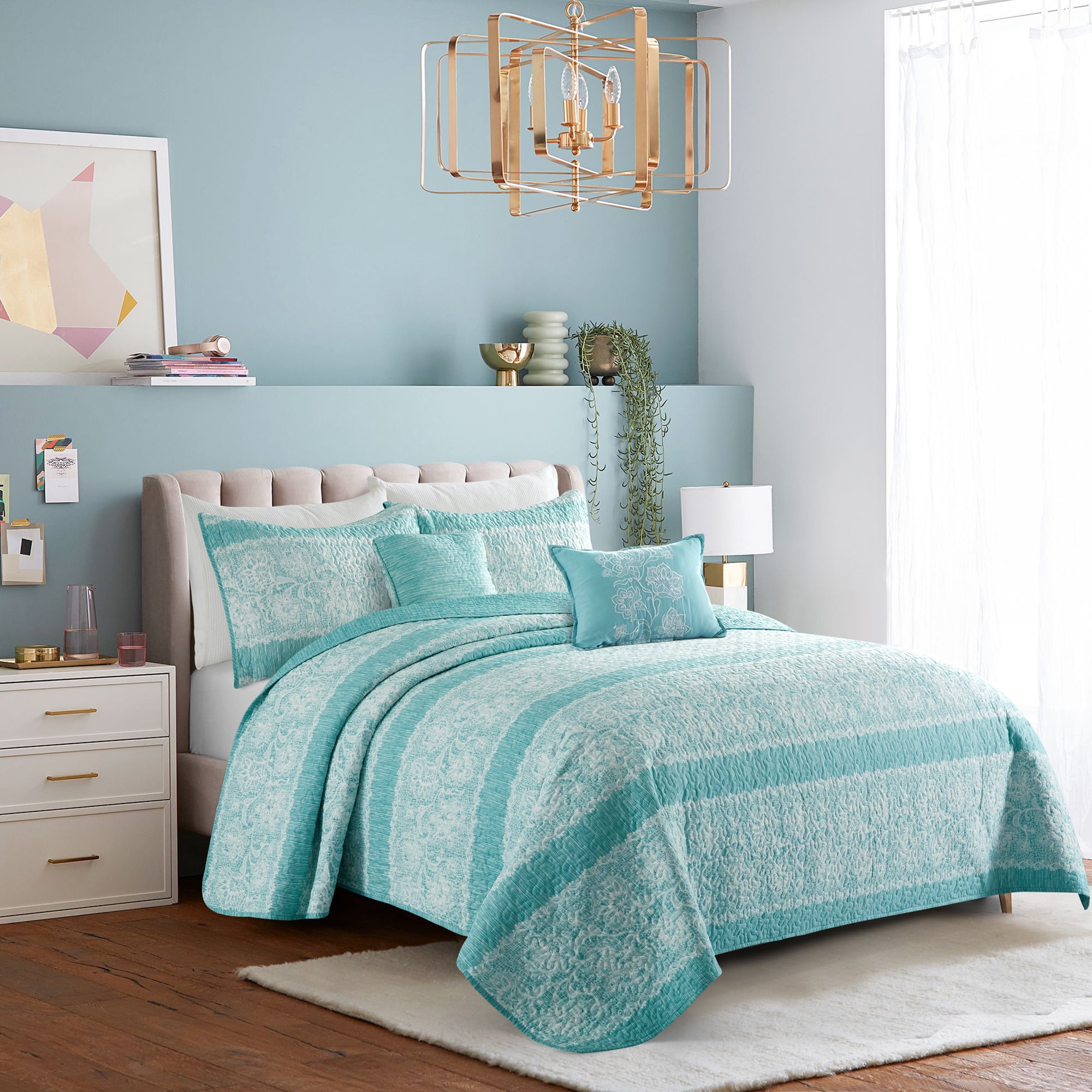 Home Soft Things 5 Piece Printed Microfiber Quilts Bedspread Set - Emma - Teal Aqua - King (102" x 90")