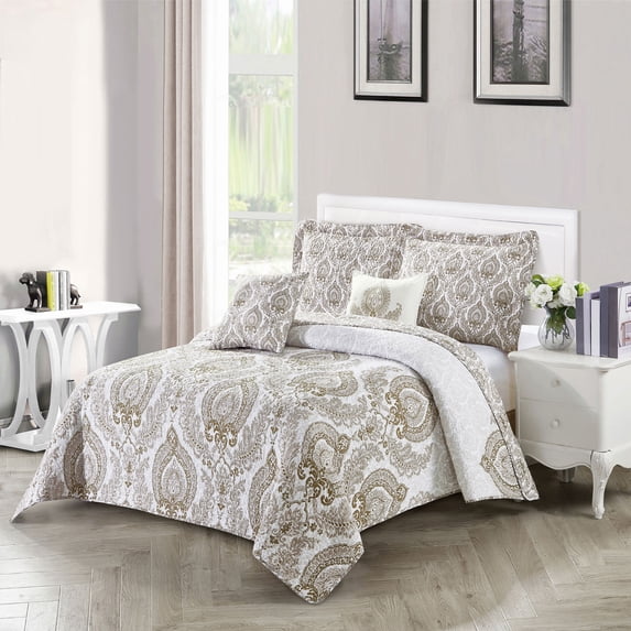 Home Soft Things 5 Piece Printed Microfiber Quilts Bedspread Set - Heart DSK - Queen (90" x 90")
