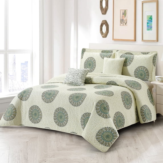 Home Soft Things 5 Piece Printed Microfiber Quilts Set - Encore-Queen (90" x 90")