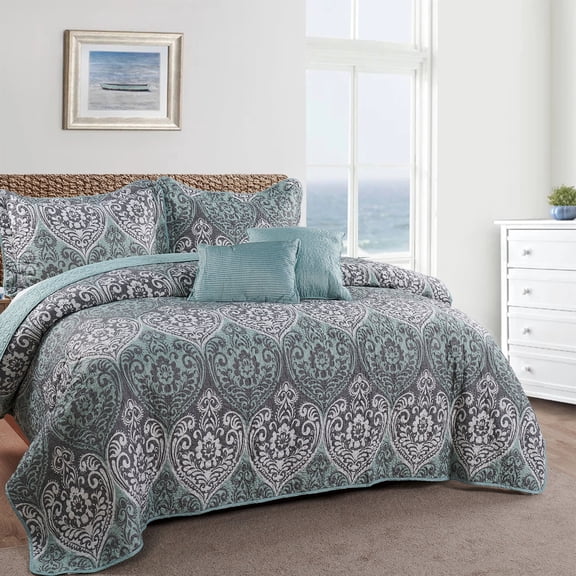 Home Soft Things 5 Piece Printed Microfiber Quilts Set - Kingston Damask-Oversize (122" x 106")