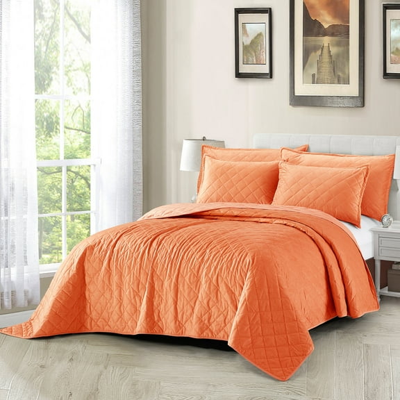 Home Soft Things 5 Piece Velvet Quilted Bedspread Set - Burnt Orange - Oversize King (122" x 106")