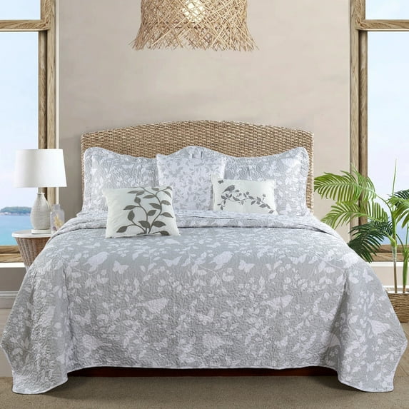 Home Soft Things 6 Piece Birdsong Printed Quilt Bedspread Set - Grey - Oversized King (122"x106")