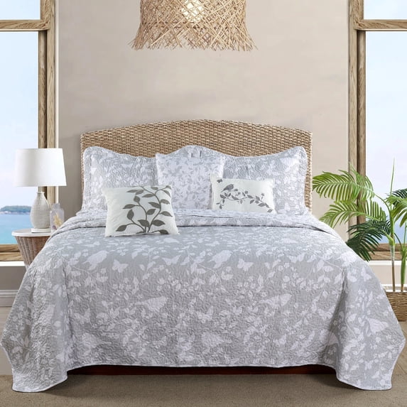 Home Soft Things 6 Piece Birdsong Printed Quilt Bedspread Set - Grey - Queen (90"x90")