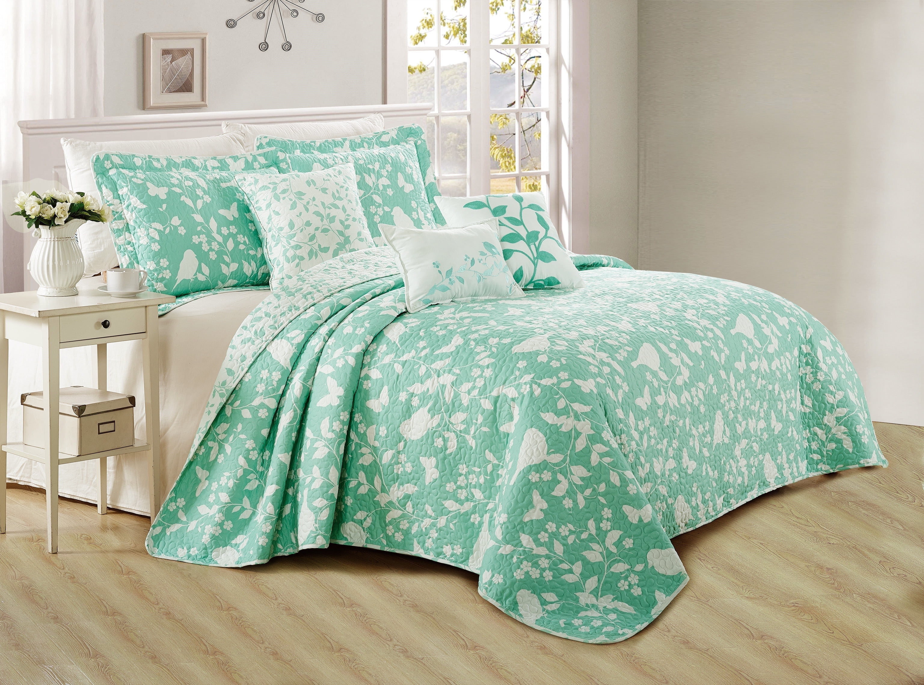 Teal Green King Microfiber Reversible Quilt Bedspread Set