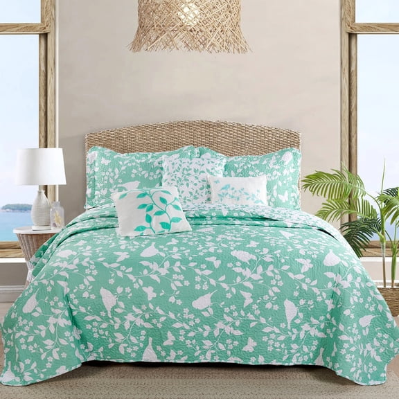 Home Soft Things 6 Piece Birdsong Printed Quilt Bedspread Set - Teal - Queen (90"x90")