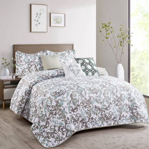Home Soft Things 6 Piece Ravello Scroll Printed Quilt Set, Oversize King (122" x 106")