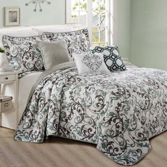 Home Soft Things 6 Piece Printed Microfiber Quilt Set - Ravello Scroll - Teal - Queen (90" x 90")