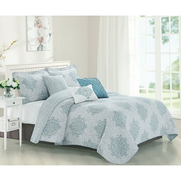 Home Soft Things 6 Piece Printed Microfiber Quilt bedspread Set - Chelsea - Teal/Green - Queen (90" x 90")