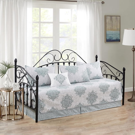 Home Soft Things 6-Piece Reversible Quilted Daybed Cover Set w/ Bedskirt, Shams & Pillow - Chelsea Teal/Green, 75"x39"