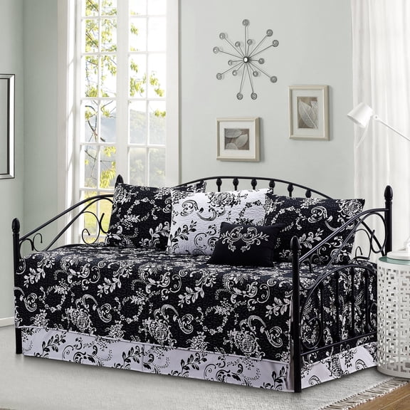 Home Soft Things 6-Piece Reversible Quilted Daybed Cover Set w/ Bedskirt, Shams & Pillow - LA Boheme Black, 75"x39"