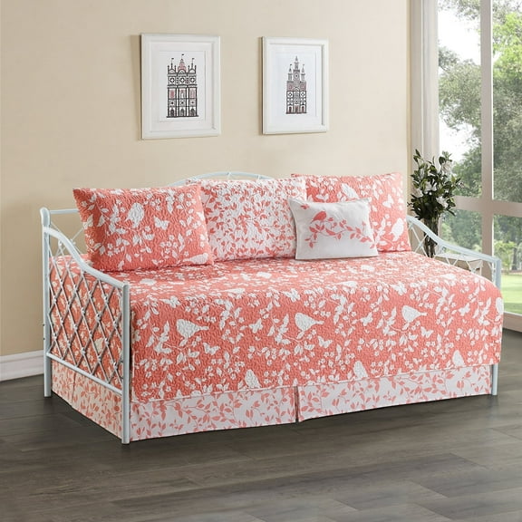 Home Soft Things 6-Piece Reversible Quilted Daybed Set w/ Bedskirt, Shams & Pillow - Birdsong Coral, 75"x39"