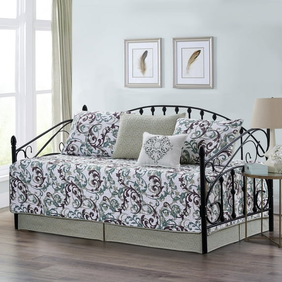 Home Soft Things 6-Piece Reversible Quilted Daybed Set w/ Bedskirt, Shams & Pillow - Ravello Scroll Teal, 75"x39"