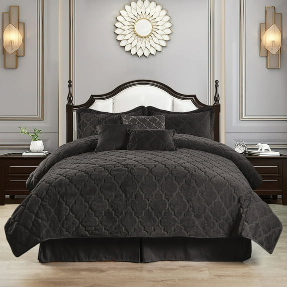 Home Soft Things 7 Piece Ogee Faux Fur Embroidery Bedspread Set - Black - Queen (90" x 90")