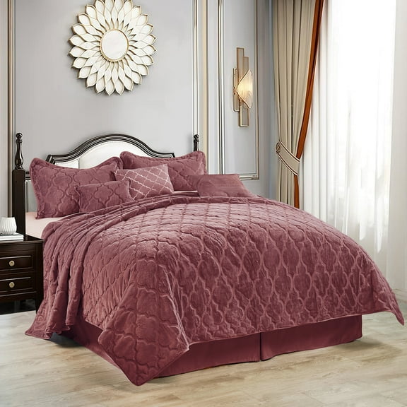 Home Soft Things 7 Piece Ogee Faux Fur Embroidery Bedspread Set - Dusty Cedar - King (102" x 90")