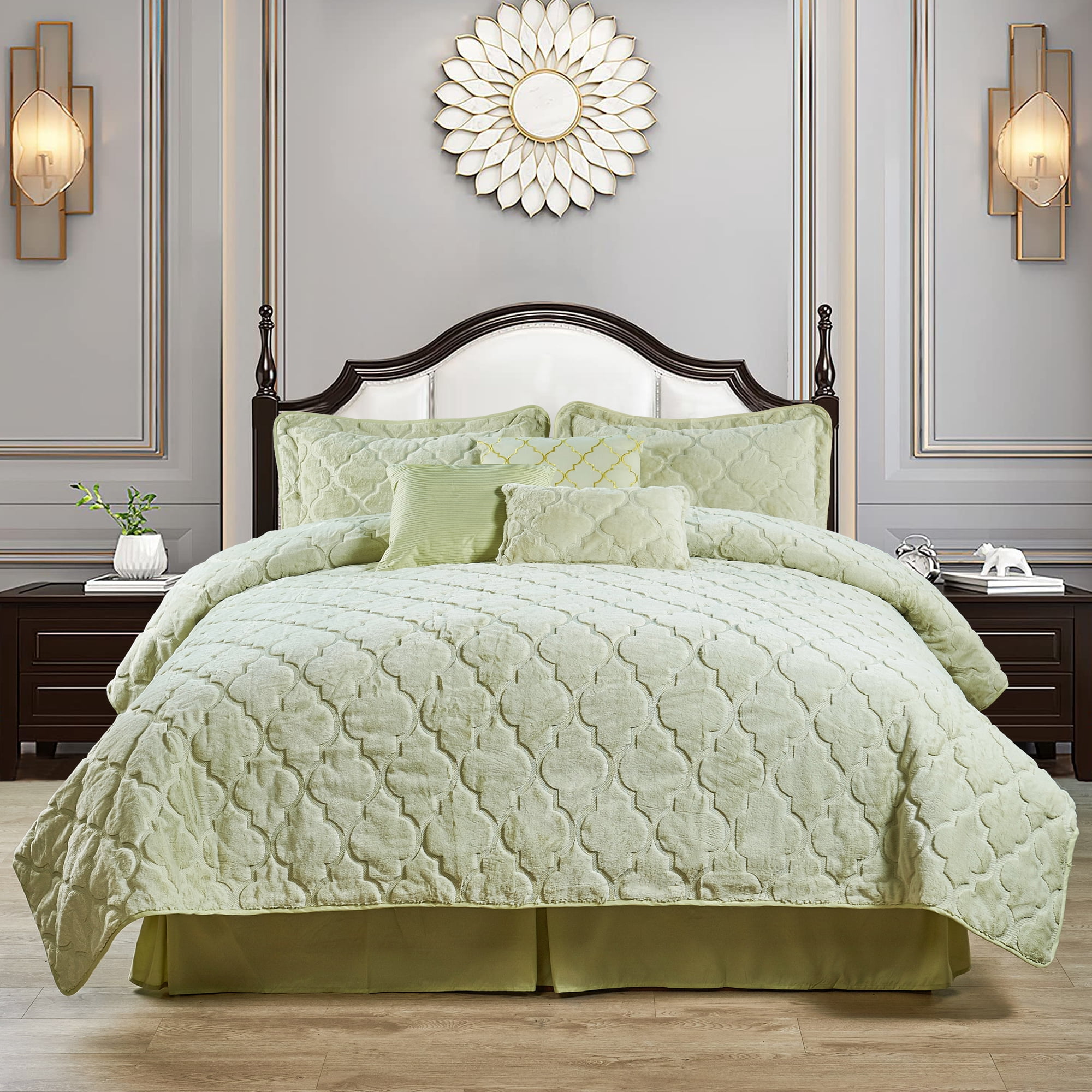 Home Soft Things 7 Piece Ogee Faux Fur Embroidery Bedspread Set - Light ...