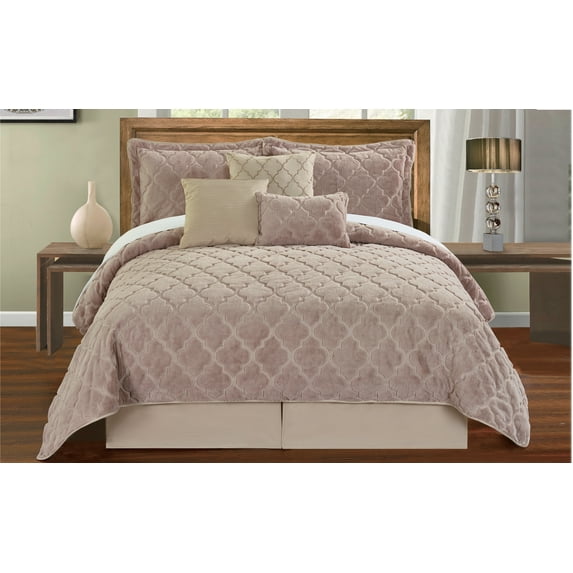 Home Soft Things 7 Piece Ogee Faux Fur Embroidery Bedspread Set - Taupe - King (102" x 90")