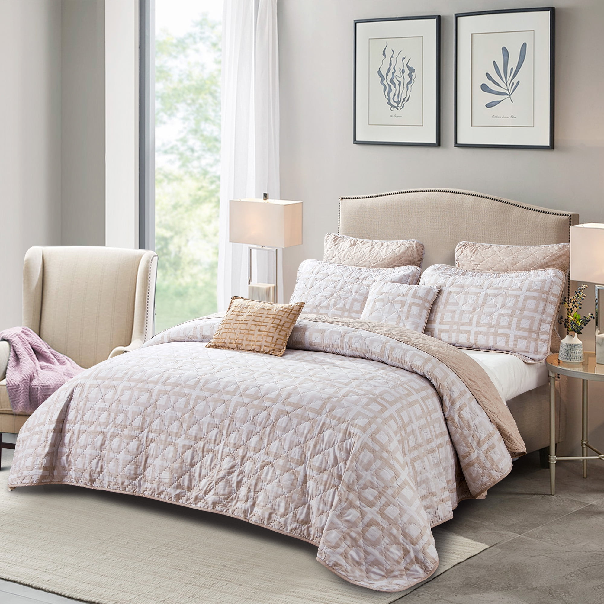 King Beige Microfiber Geometric Coverlet Set