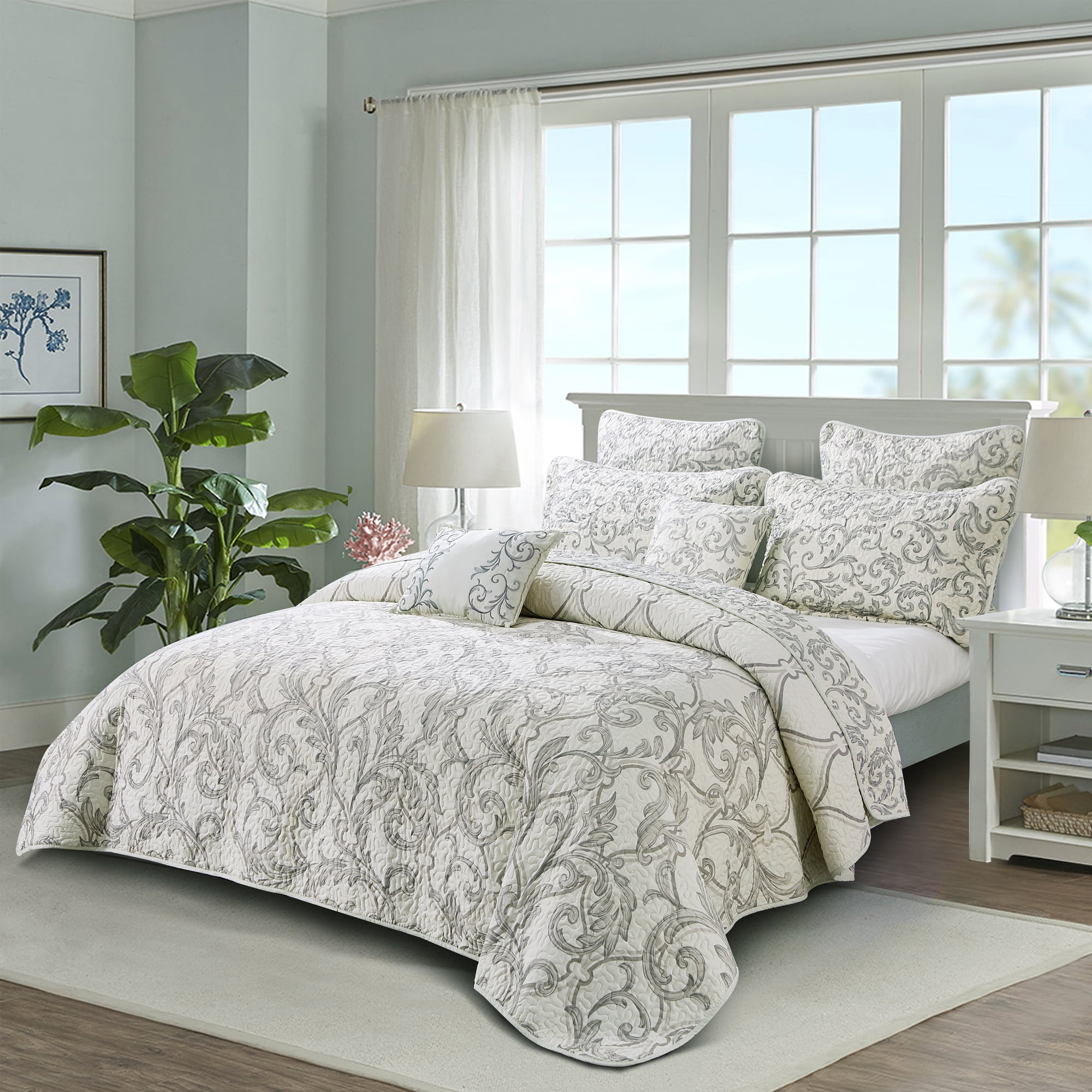 Marisol Gray and White Microfiber Queen Coverlet Set