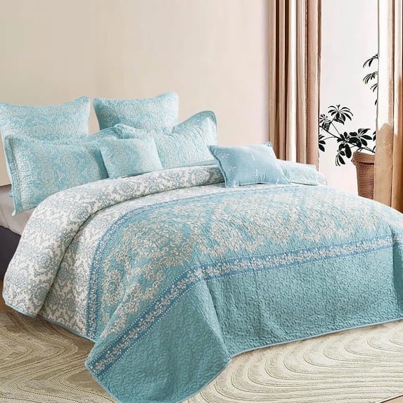 Home Soft Things 7 Piece Printed Microfiber Quilts Bedspread Set - Mystic - Teal/Turquoise - Oversize (122" x 106")