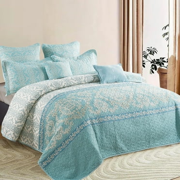 Home Soft Things 7 Piece Printed Microfiber Quilts Bedspread Set - Mystic - Teal/Turquoise - Queen (90" x 90")