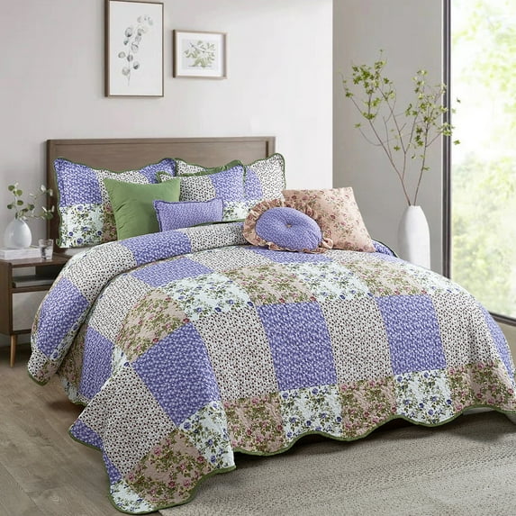 Home Soft Things 8-Piece Floral Plaid Patchwork Bedspread Set, Reversible & Soft - Pink - King (118" x 106")