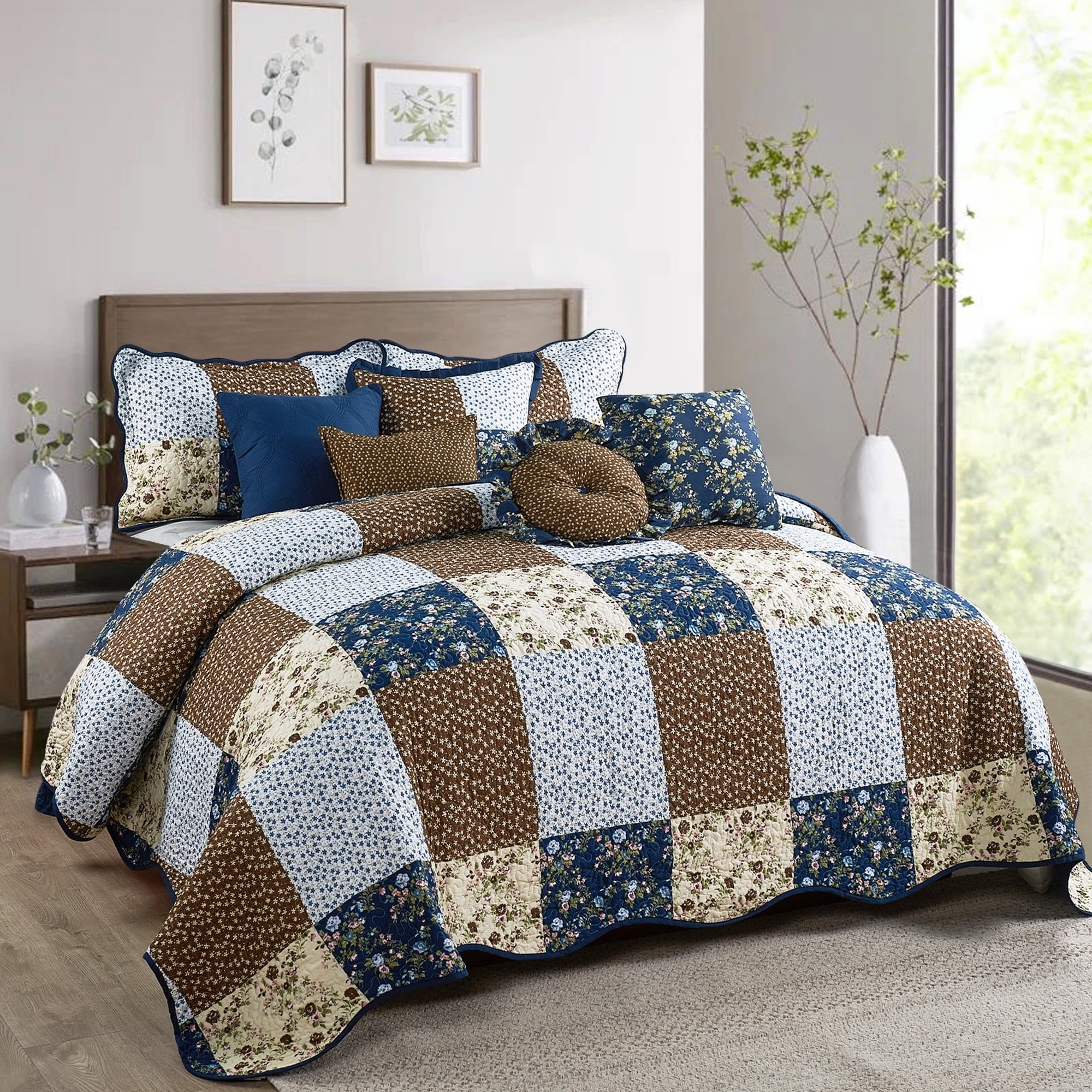Dark Blue Reversible Microfiber Queen Quilt Set with 8 Pieces