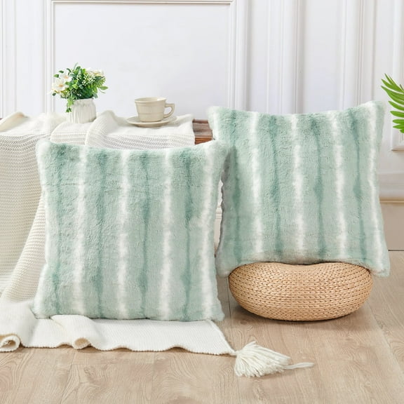 Home Soft Things Amanda Stripe fauxfur Throw Pillow Covers Set of 2, NO INSERT Misty Blue