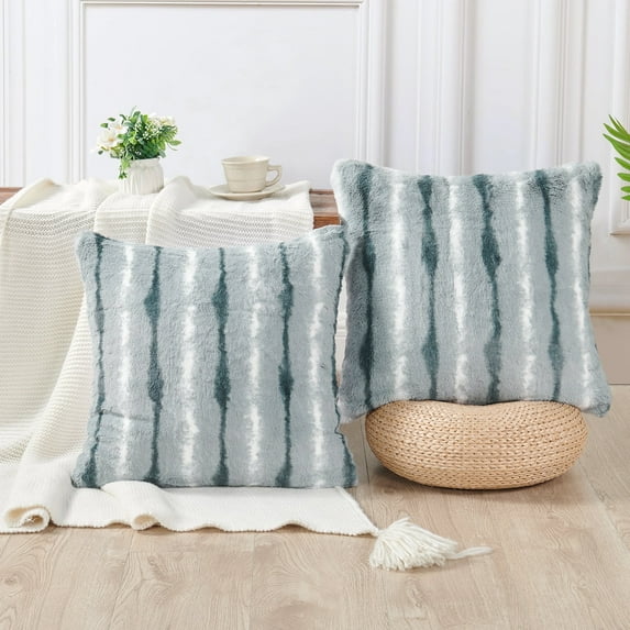 Home Soft Things Amanda Stripe fauxfur Throw Pillow Covers Set of 2, NO INSERT Pearl Blue