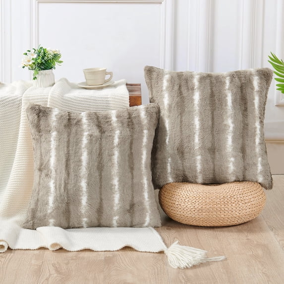 Home Soft Things Amanda Stripe fauxfur Throw Pillow Covers Set of 2, NO INSERT Taupe Grey