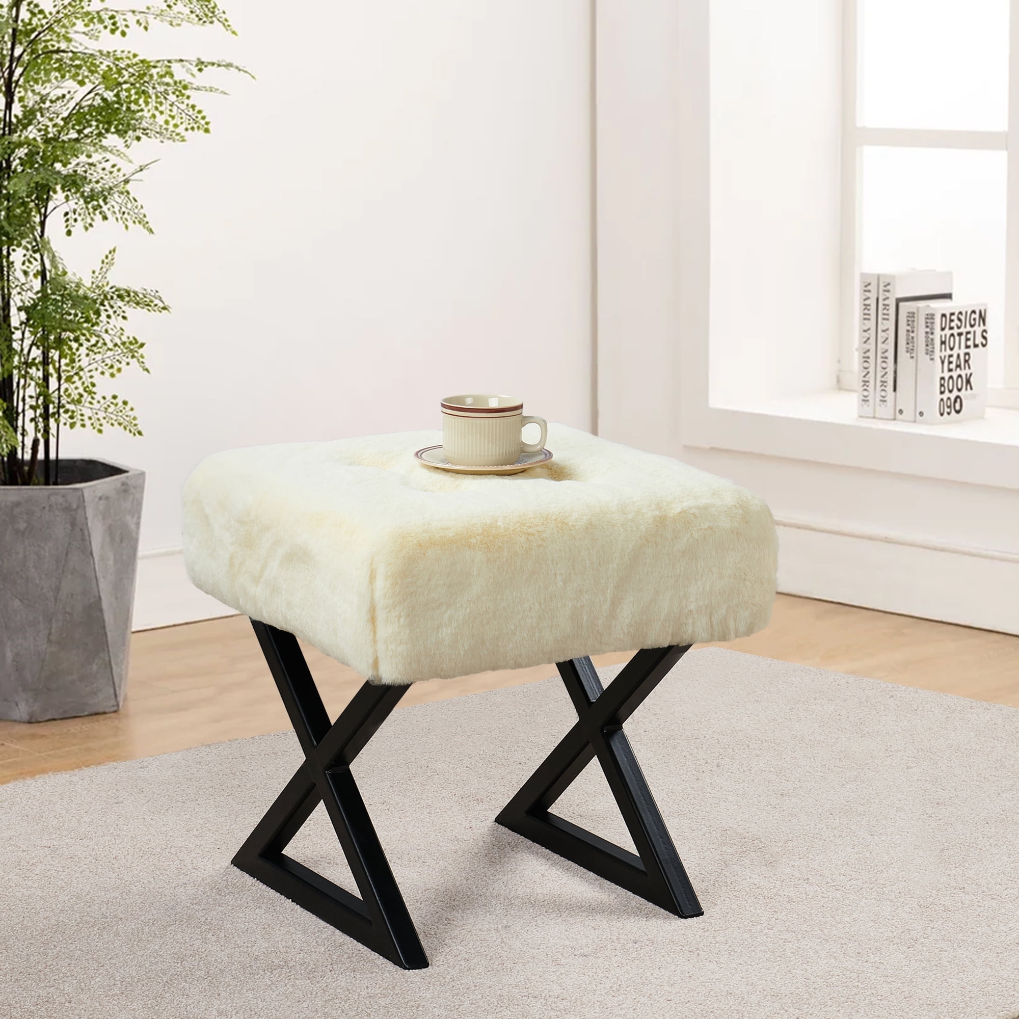 Home Soft Things Heavy Faux Fur Vanity Stool Chair Upholstered Footrest Ottoman with Black Metal Legs and Padded Seat Antique White 19 x19 x19