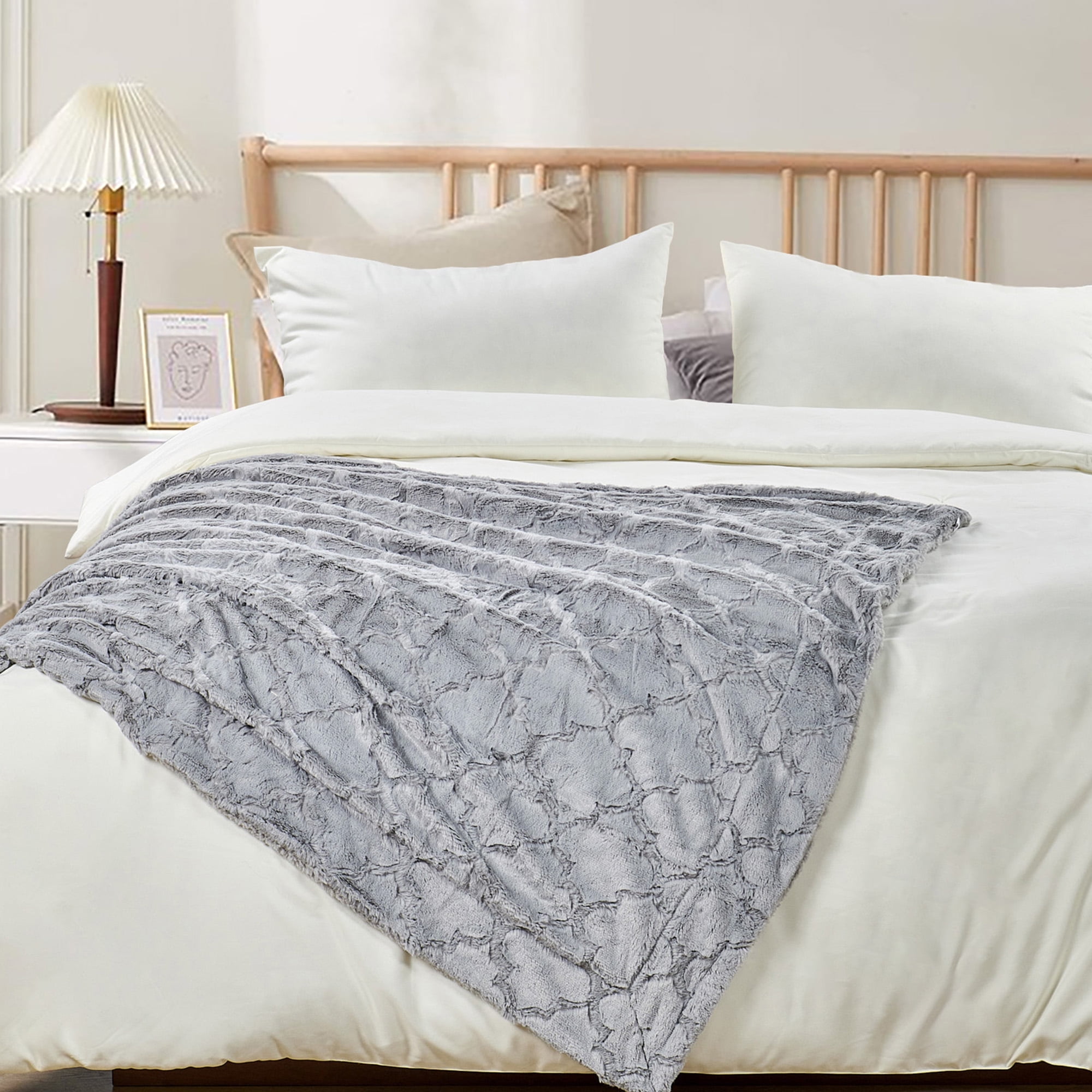 Luxurious Reversible Sherpa and Faux Fur Throw Blanket - Gray - 60" x 80"