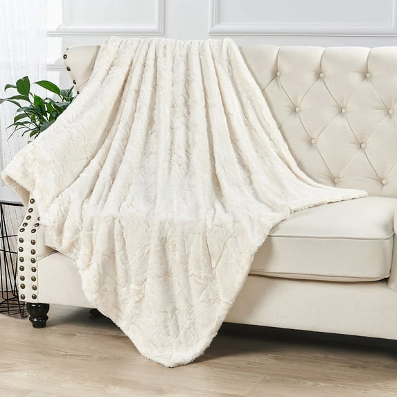 Home Soft Things Ashley Brushed Faux Fur Throw Blanket with Sherpa Back Soft Cozy Fluffy Fluzzy Lightweight Throw - Ivory - 50" x 60"
