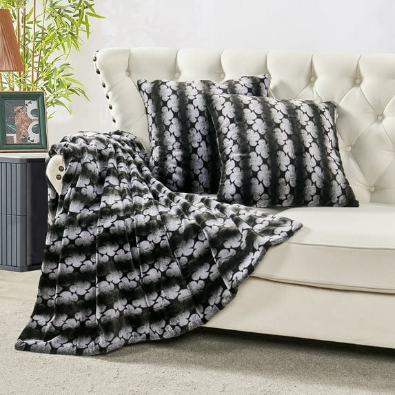 Home Soft Things Ballys Faux Fur Throw & Throw Pillow Cover Combo - Black - 50" x 60"/20" x 20"