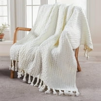 Home Soft Things Basket Weave Throw Blanket with Braided Tassels, Reversible Lightweight Super Soft Cozy Throw Blanket, 50x60 inches, Antique White