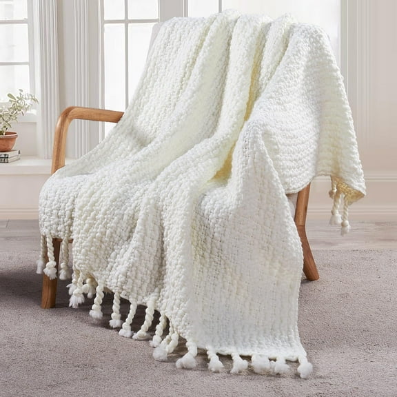 Home Soft Things Basket Weave Throw Blanket with Braided Tassels, Reversible Lightweight Super Soft Cozy Throw Blanket, 50x60 inches, Antique White