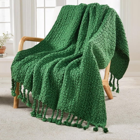Home Soft Things Basket Weave Throw Blanket with Braided Tassels, Reversible Lightweight Super Soft Cozy Throw Blanket, 50x60 inches, Green