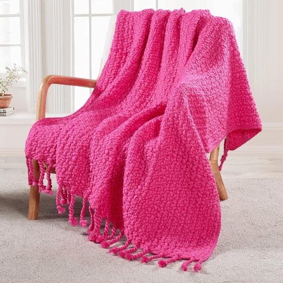 Home Soft Things Basket Weave Throw Blanket with Braided Tassels, Reversible Lightweight Super Soft Cozy Throw Blanket, 50x60 inches, Hot Pink
