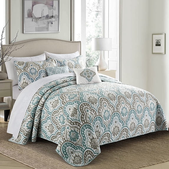 Home Soft Things Bedspread - 5 Piece Printed Microfiber Quilts Set - Tivoli Ikat - King (102" x 90")