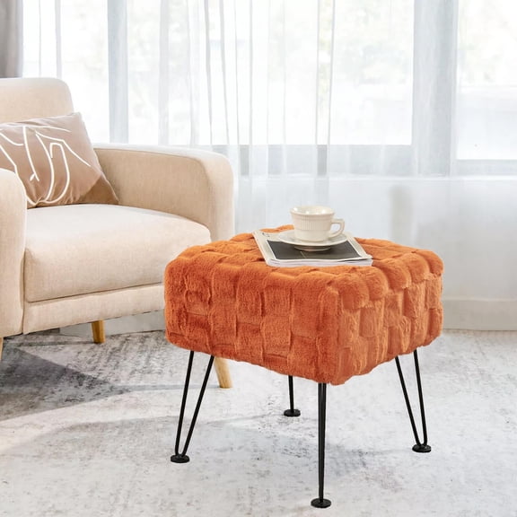 Home Soft Things Brick Textured Faux Fur Stool Chair, Upholstered Footrest Ottoman with Black Metal Legs and Padded Seat - Burnt Orange - 17''x17''x17''