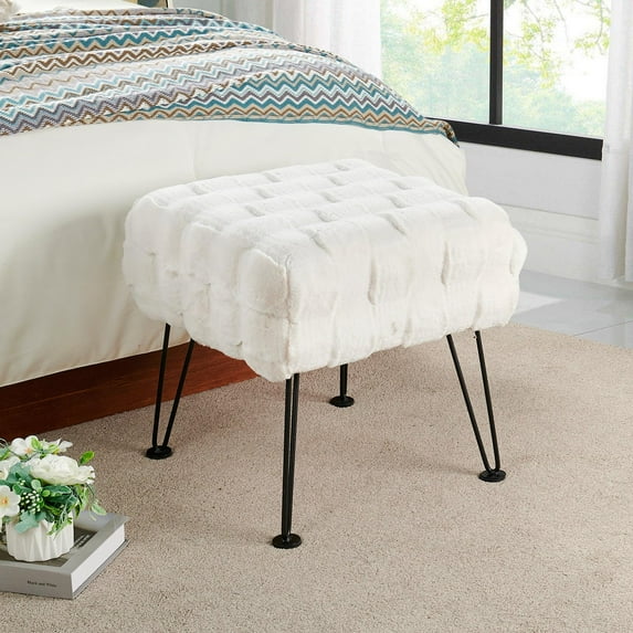 Home Soft Things Brick Textured Faux Fur Stool Chair, Upholstered Footrest Ottoman with Black Metal Legs and Padded Seat - White - 17''x17''x17''