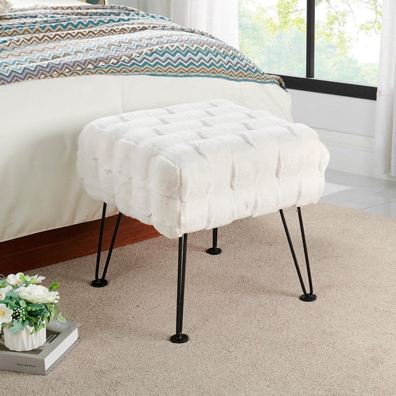 Home Soft Things Brick Textured Faux Fur Stool Chair, Upholstered Footrest Ottoman with Black Metal Legs and Padded Seat - White - 17''x17''x17''