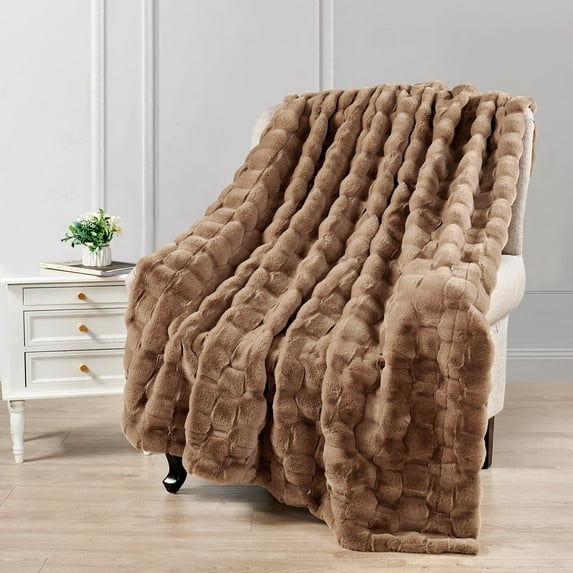 Home Soft Things Brick Textured Faux Fur Throw Blanket with Micromink Back, Luxury Soft Cozy Fluffy Fluzzy Plush Throw, 50x70 inches, Taupe