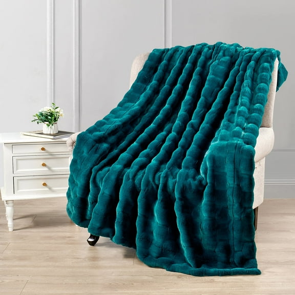 Home Soft Things Brick Textured Faux Fur Throw Blanket with Micromink Back, Luxury Soft Cozy Fluffy Fluzzy Plush Throw, 50x70 inches, Teal