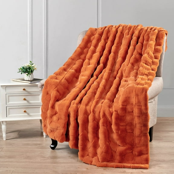 Home Soft Things Brick Textured Faux Fur Throw Blanket with Micromink Back, Luxury Soft Cozy Fluffy Fluzzy Plush Throw, 60x70 inches, Burnt Orange