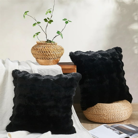 Home Soft Things Bubble Textured Faux Fur Pillow Covers, Set of 2, 20"x20", Black