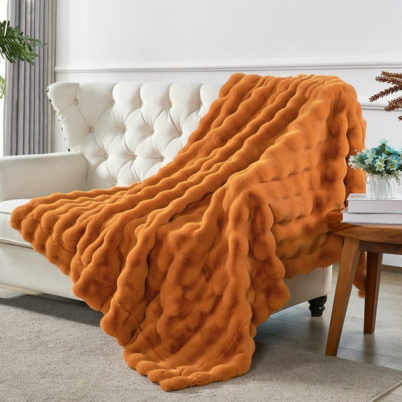 Home Soft Things Bubble Textured Faux Fur Throw Blanket, Cozy & Reversible, 60x70", Burnt Orange