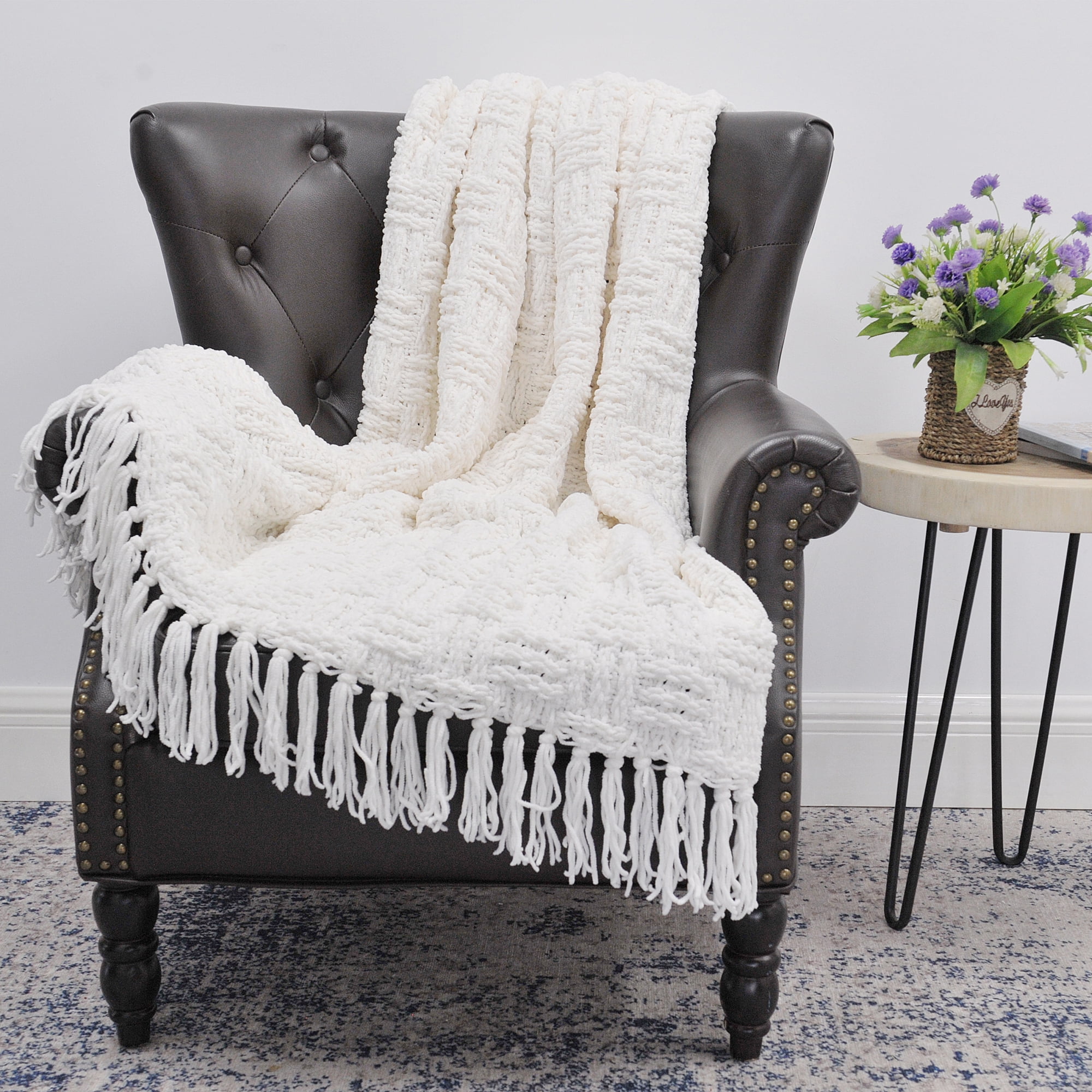 Antique White Cable Knitted Reversible Throw Blanket