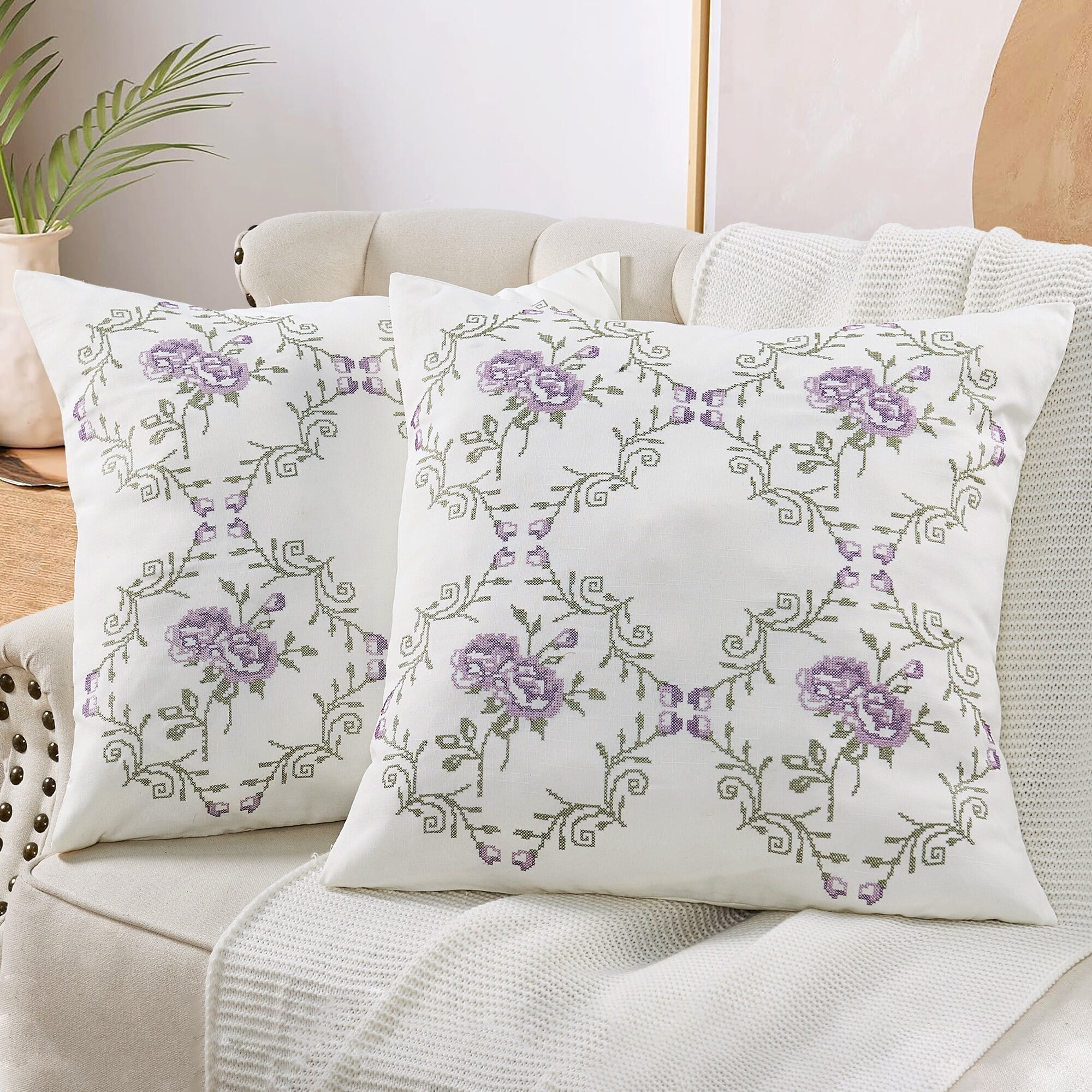 Lilac Floral Embroidered Euro Pillow Cover Set